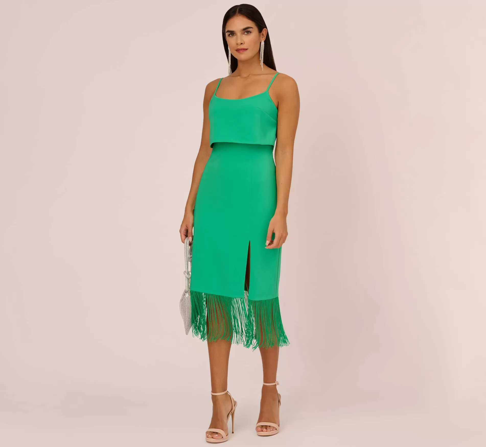 Clearance Stretch Crepe Popover Midi Dress With Fringe Hem In Summer Green Formal | Midi Dresses