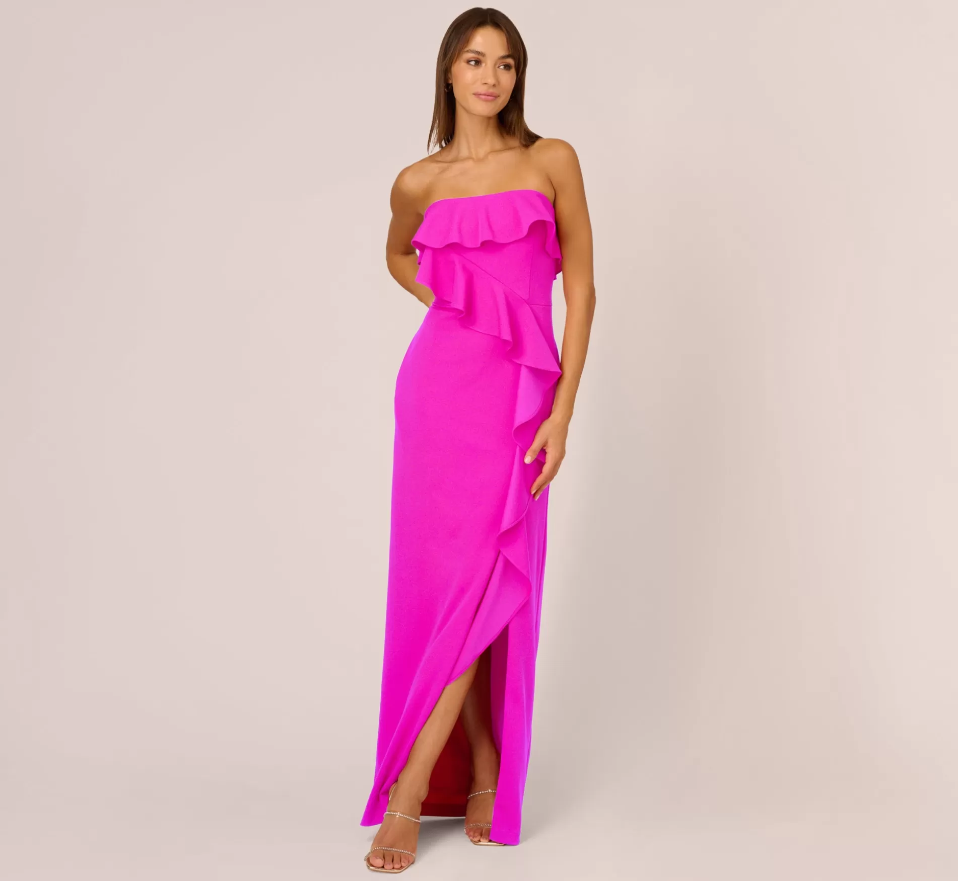 Best Stretch Crepe Strapless Column Gown With Ruffle Details In Pink Flame Formal | Long Dresses
