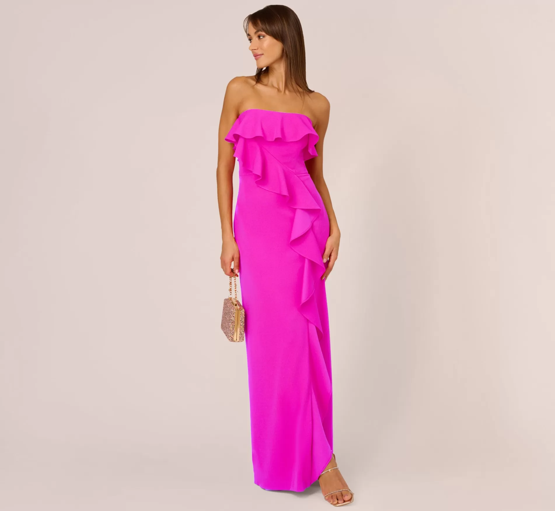 Best Stretch Crepe Strapless Column Gown With Ruffle Details In Pink Flame Formal | Long Dresses