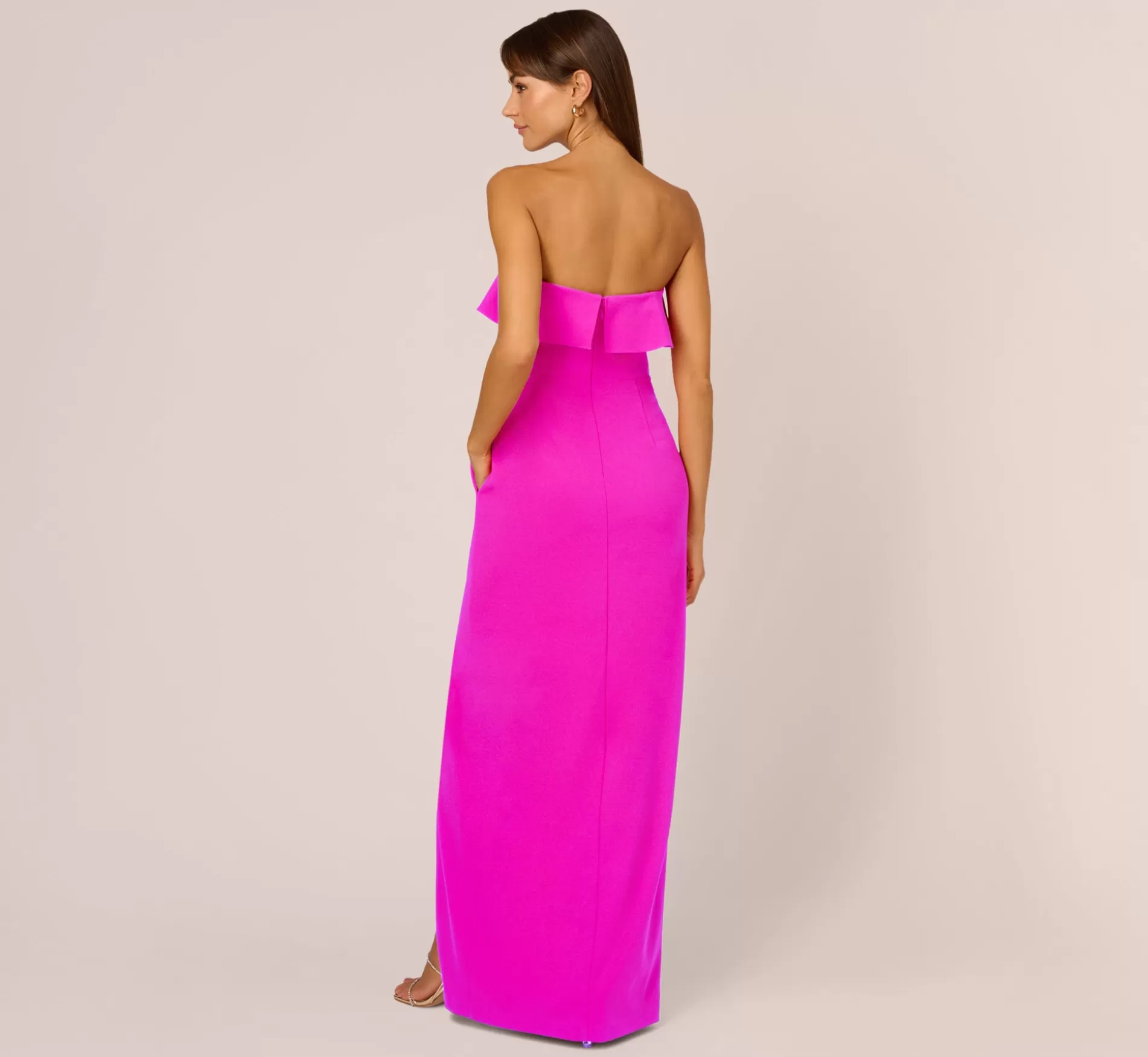 Best Stretch Crepe Strapless Column Gown With Ruffle Details In Pink Flame Formal | Long Dresses