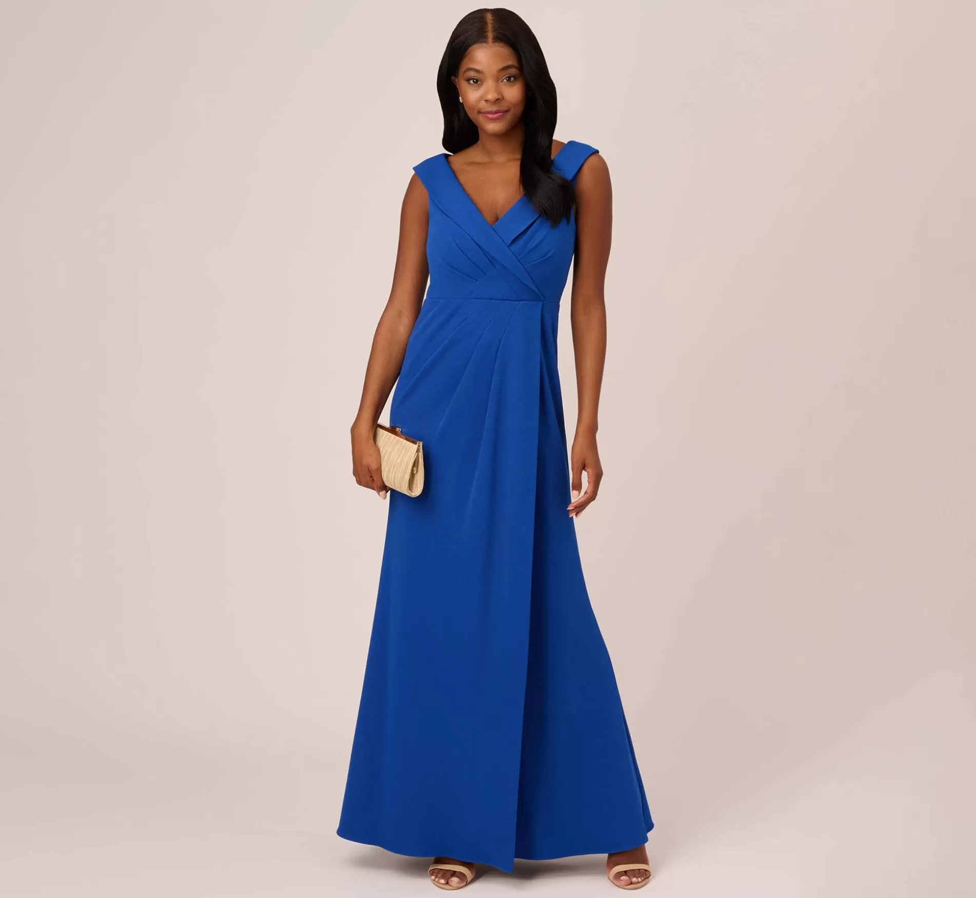 Clearance Stretch Knit Crepe Long Faux Wrap Mermaid Gown In Rich Royal Long Dresses | Day Dresses