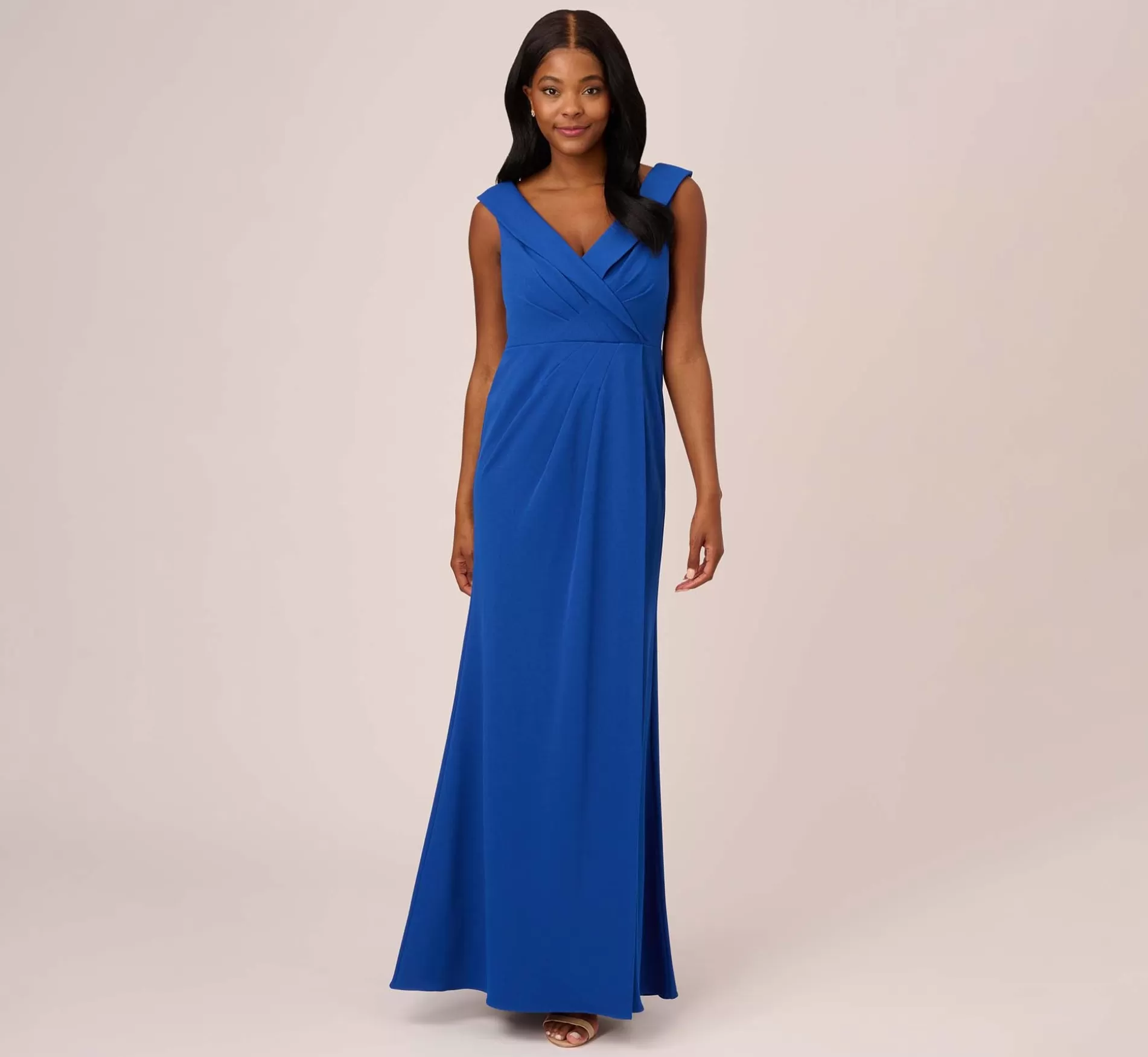 Clearance Stretch Knit Crepe Long Faux Wrap Mermaid Gown In Rich Royal Long Dresses | Day Dresses