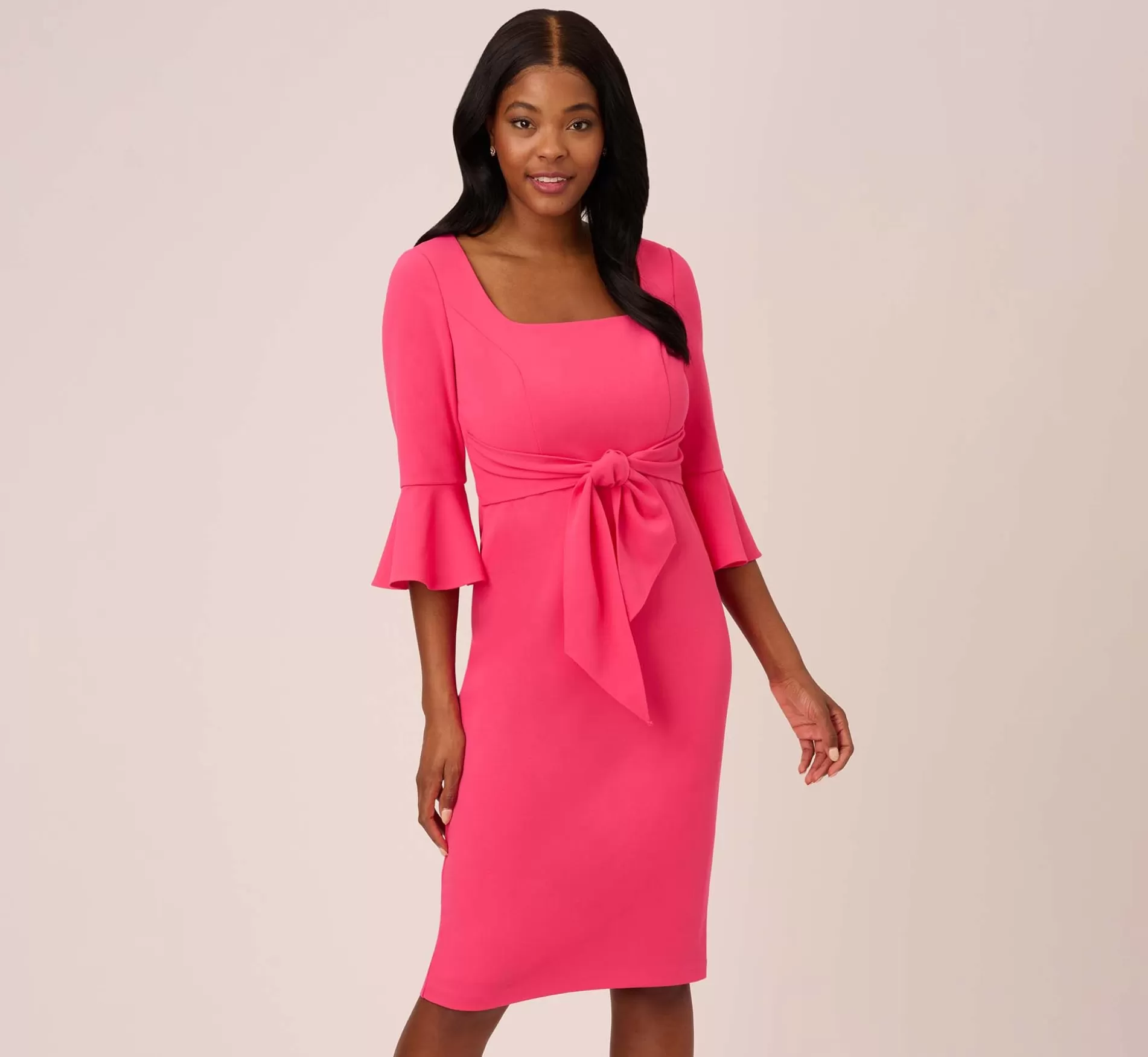 Cheap Stretch Knit Crepe Tie-Front Midi-Length Sheath Dress In Camellia Formal | Day Dresses