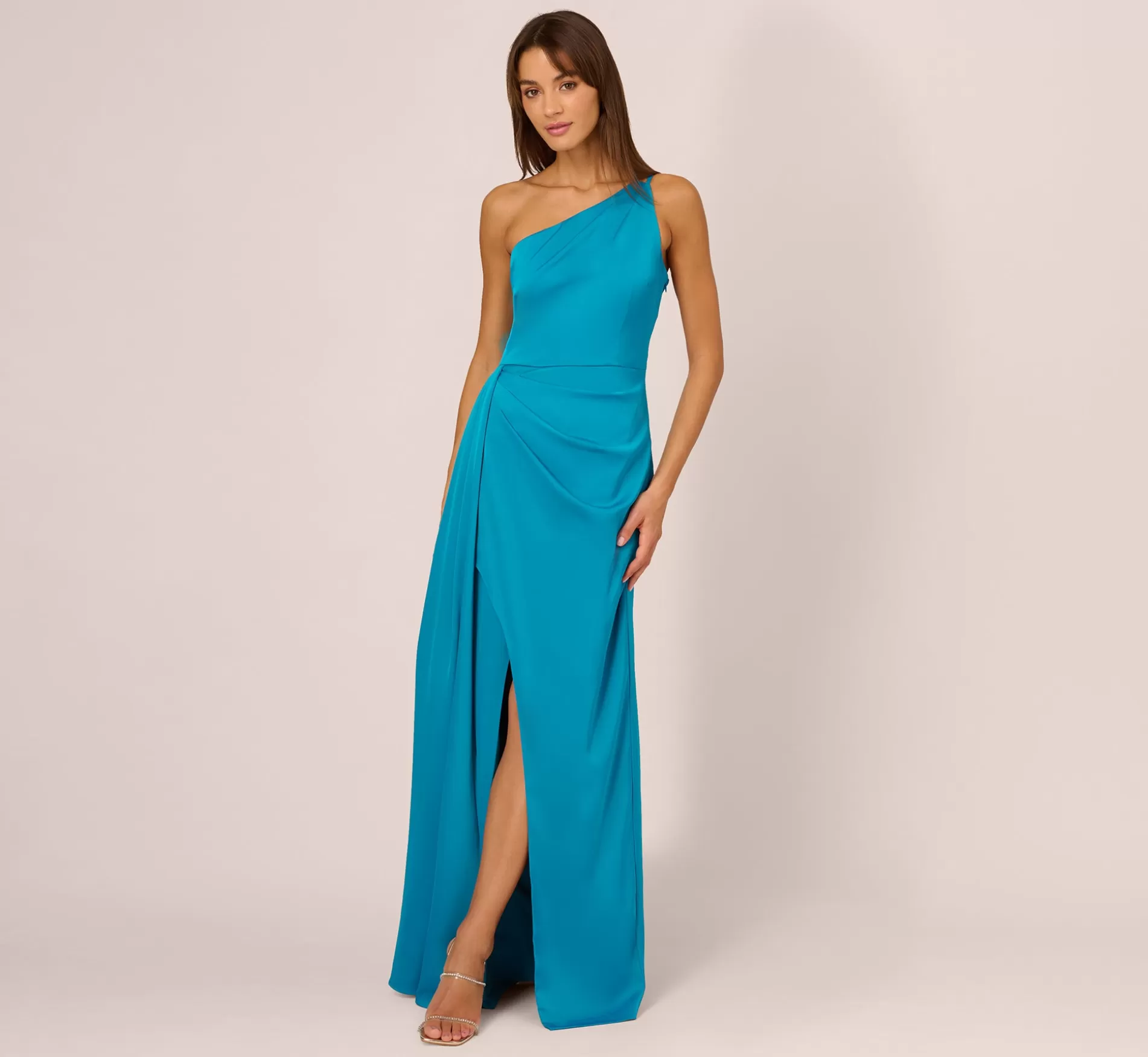 Clearance Stretch Satin One Shoulder Gown With Draped Details In Dazzling Ocean Formal | Long Dresses