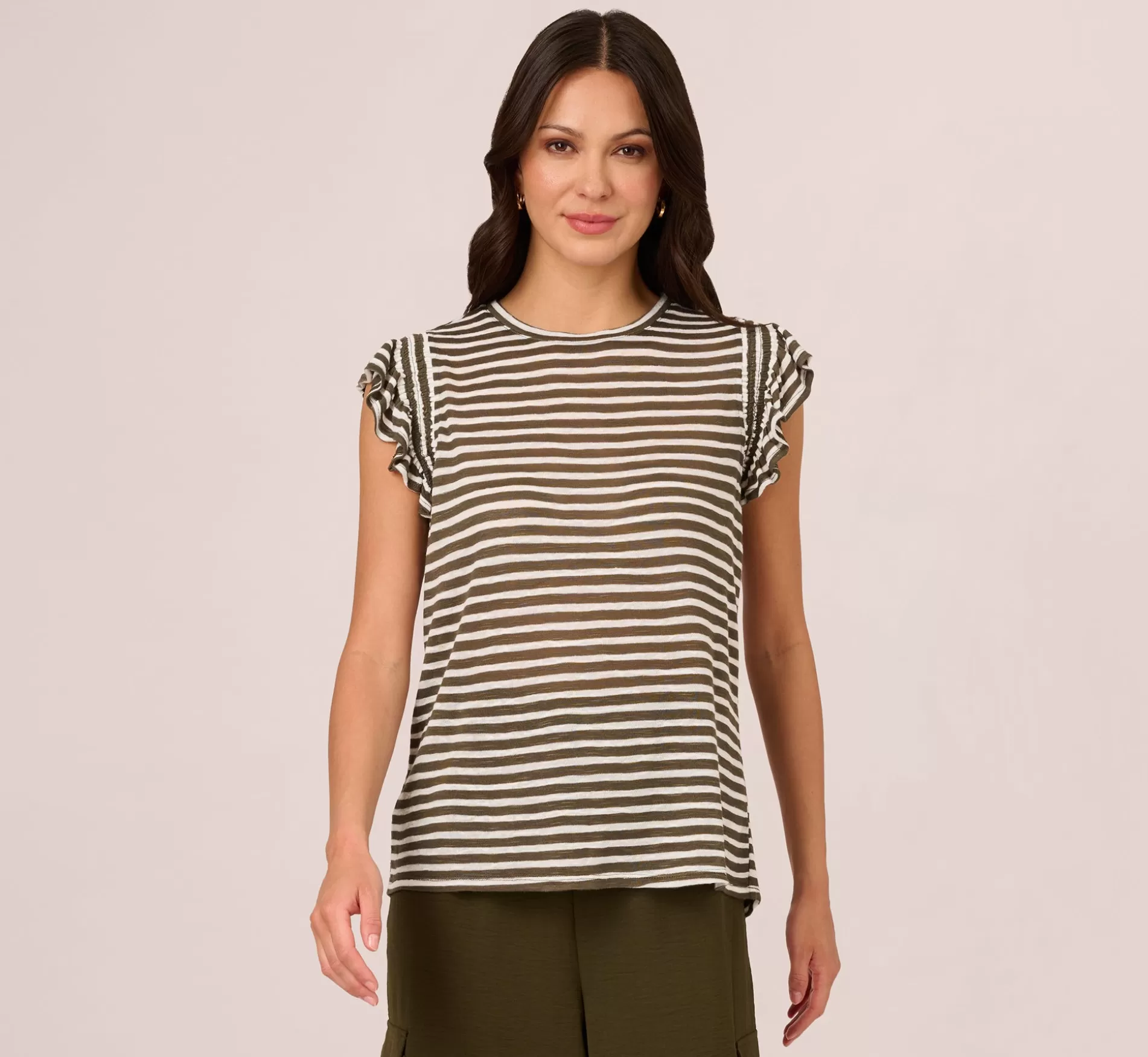 Best Sale Striped Tee With Ruffle Sleeves In Dk Green White Formal