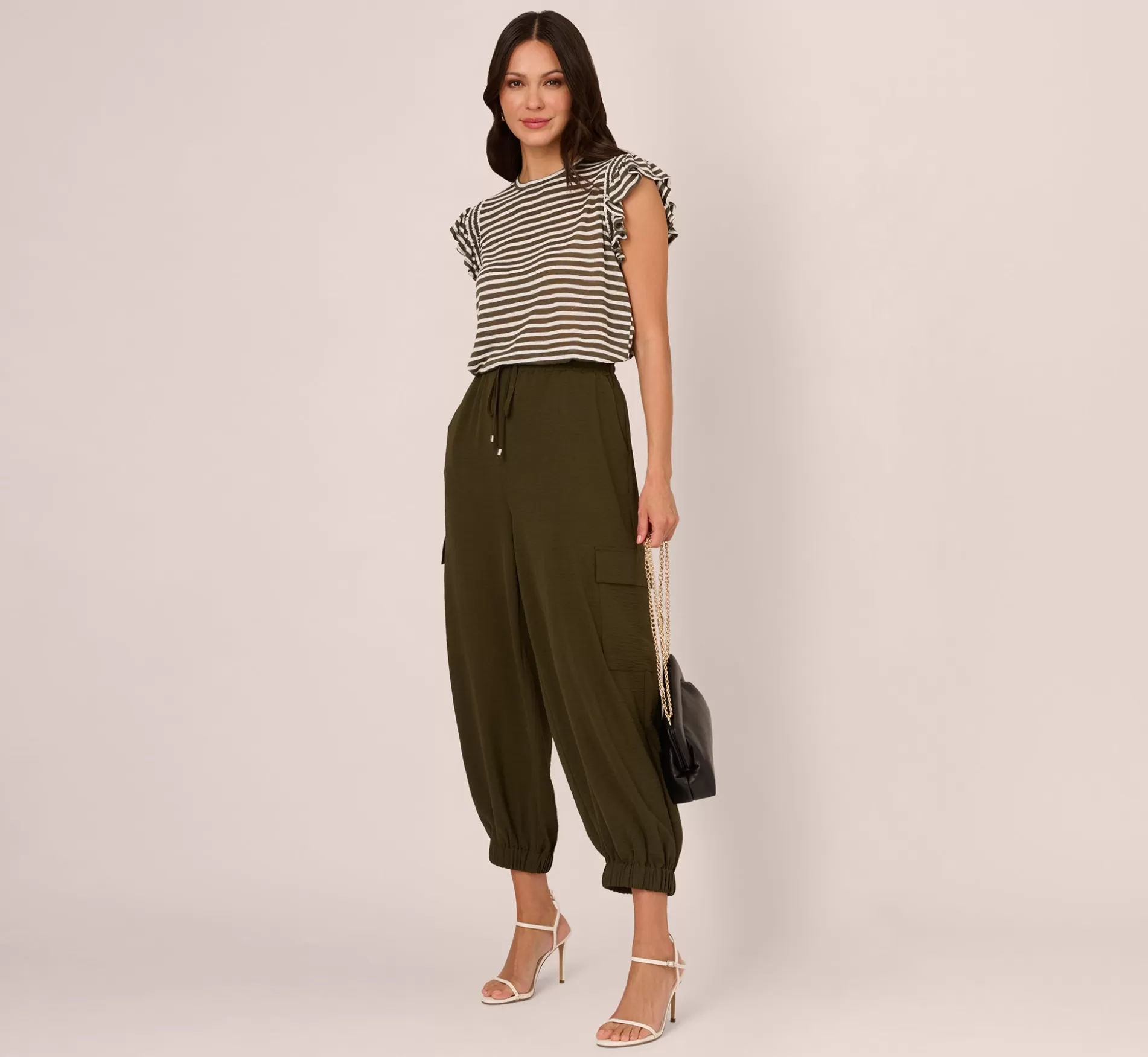 Best Sale Striped Tee With Ruffle Sleeves In Dk Green White Formal