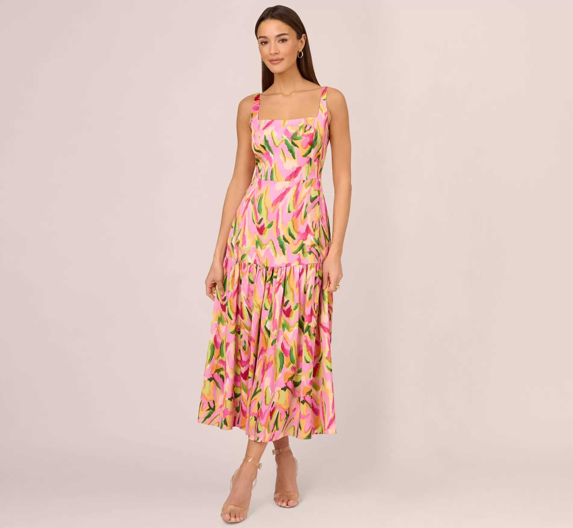 Clearance Tropical Print Satin Ankle Length Dress With Tiered Skirt In Pink Multi Formal | Midi Dresses