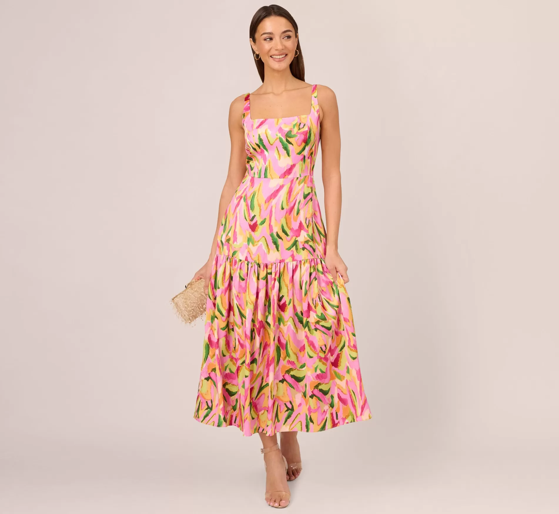 Clearance Tropical Print Satin Ankle Length Dress With Tiered Skirt In Pink Multi Formal | Midi Dresses
