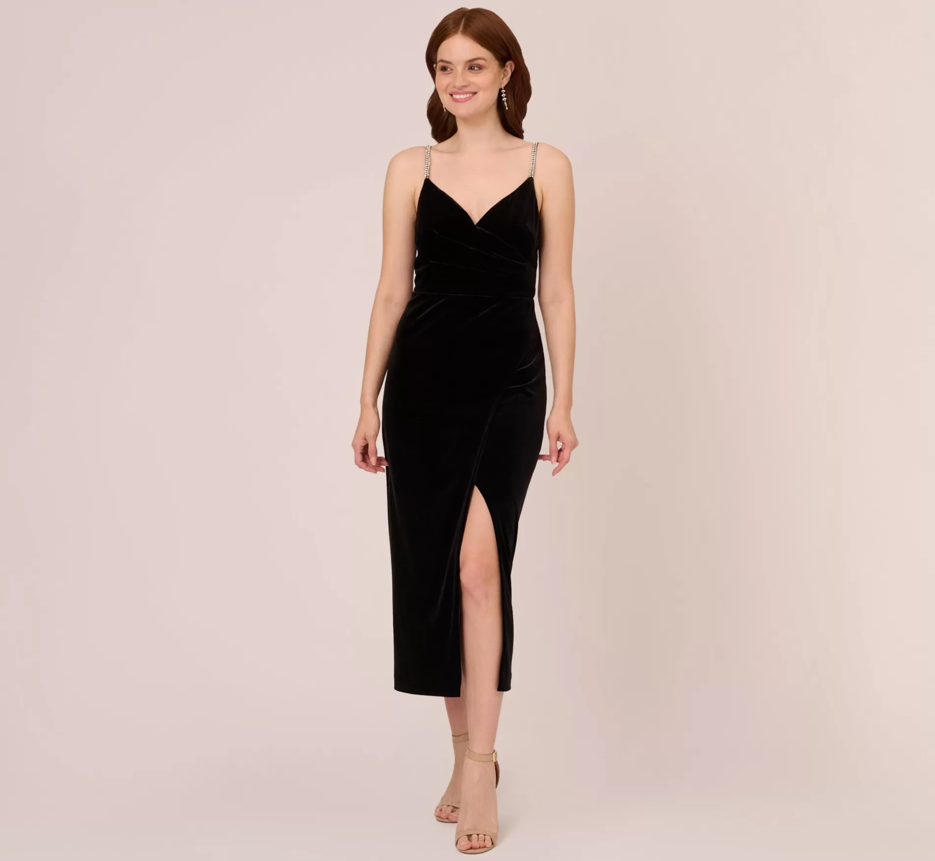 New Velvet Ankle-Length Wrap Gown With Stone Straps In Black Long Dresses | Black Tie