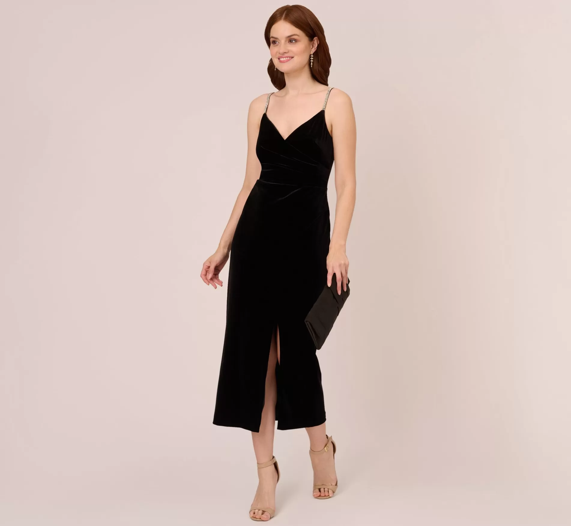 New Velvet Ankle-Length Wrap Gown With Stone Straps In Black Long Dresses | Black Tie