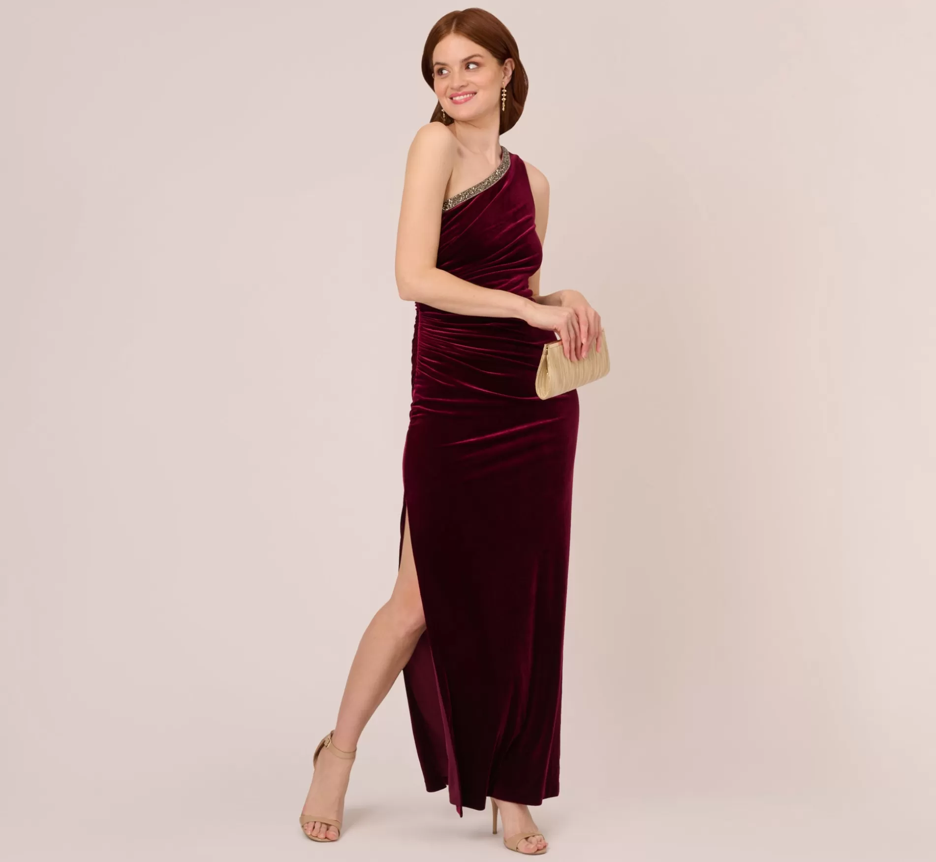 Cheap Velvet One Shoulder Gown With Beaded Neckline In Burgundy Long Dresses | Beaded