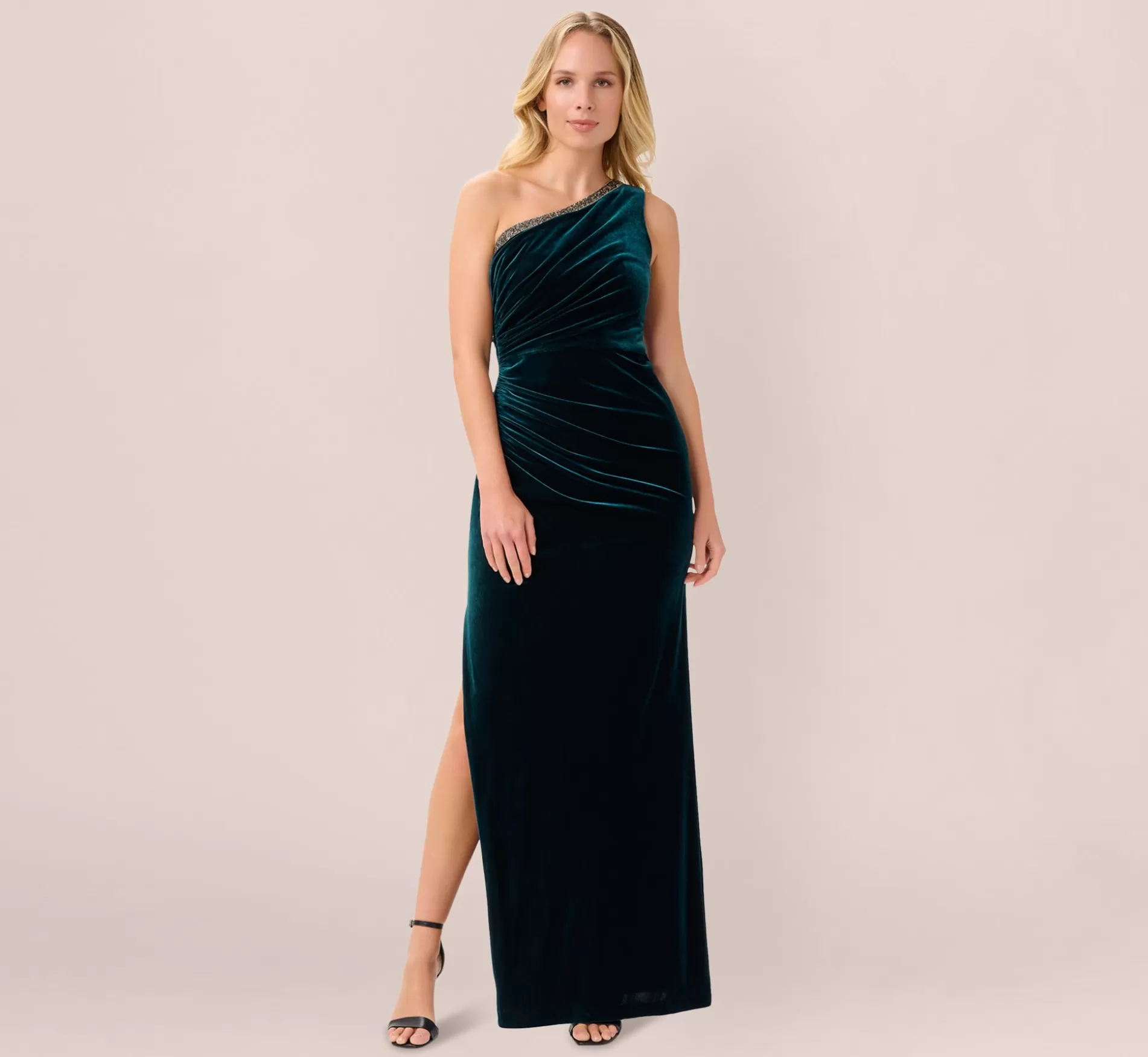 Cheap Velvet One Shoulder Gown With Beaded Neckline In Hunter Long Dresses | Beaded