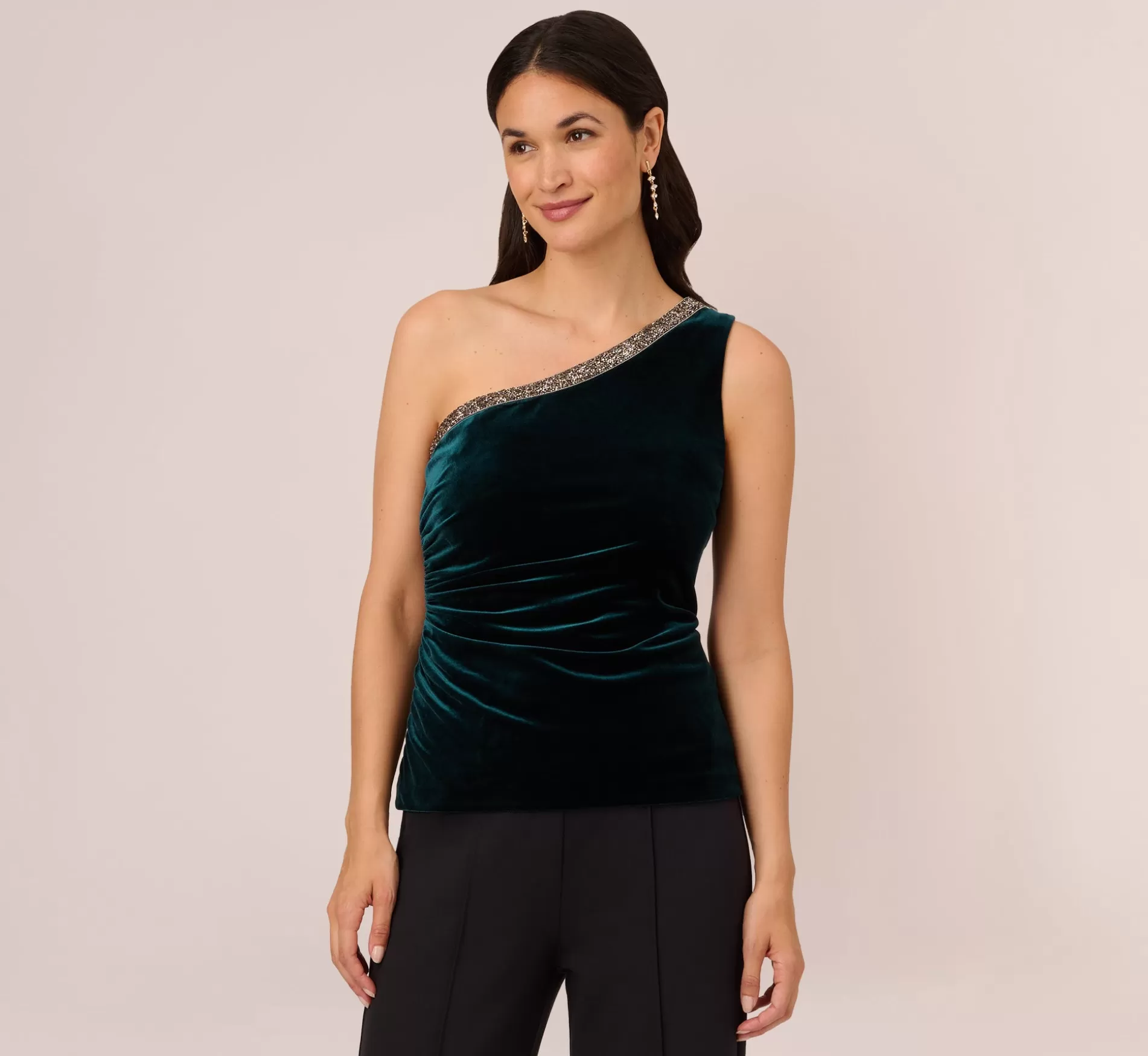 Outlet Velvet One Shoulder Top With Beaded Neck In Hunter Beaded | Separates