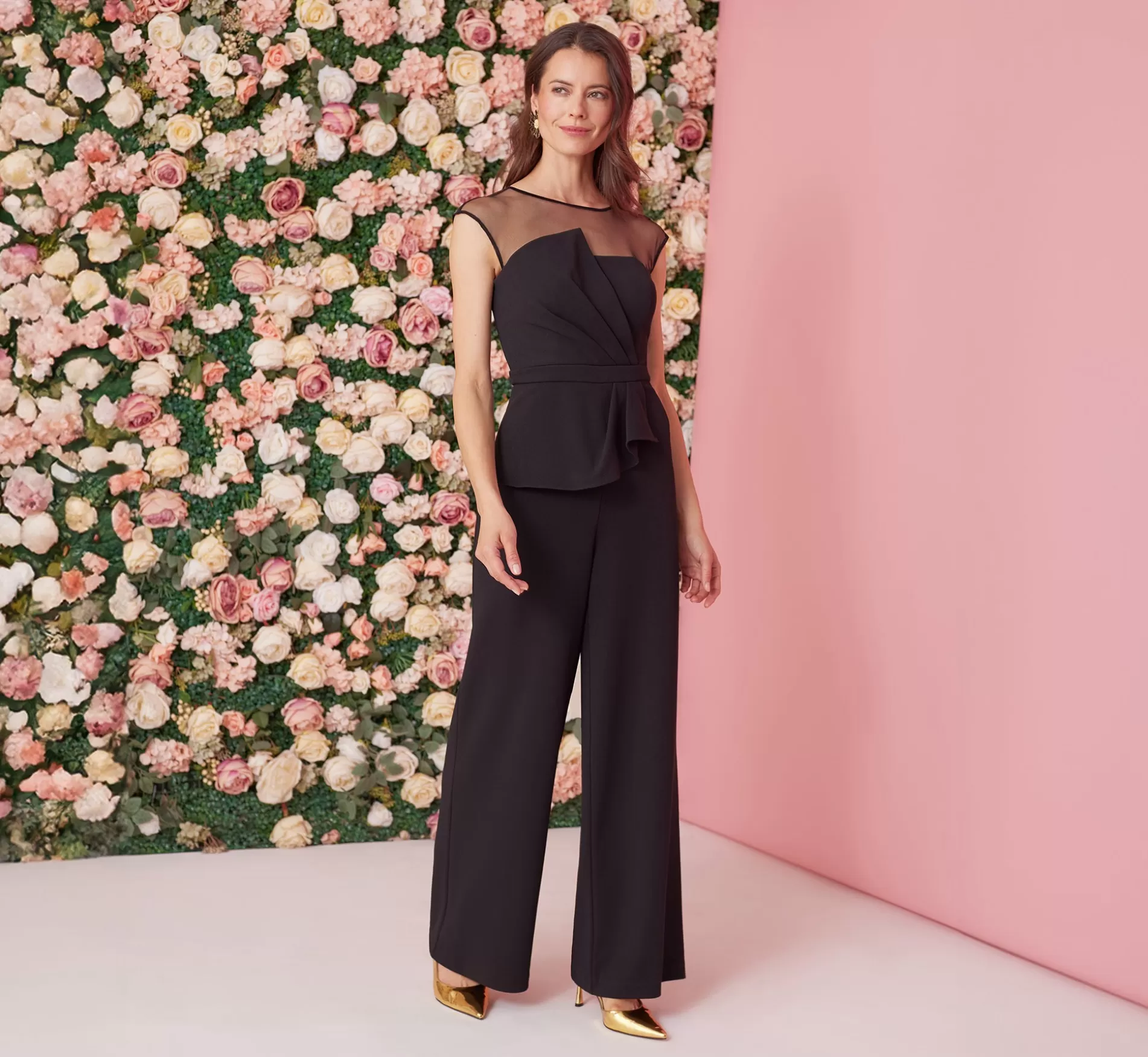 Cheap Wide Leg Jumpsuit With Illusion Neck And Cap Sleeves In Black Jumpsuits | Black Tie