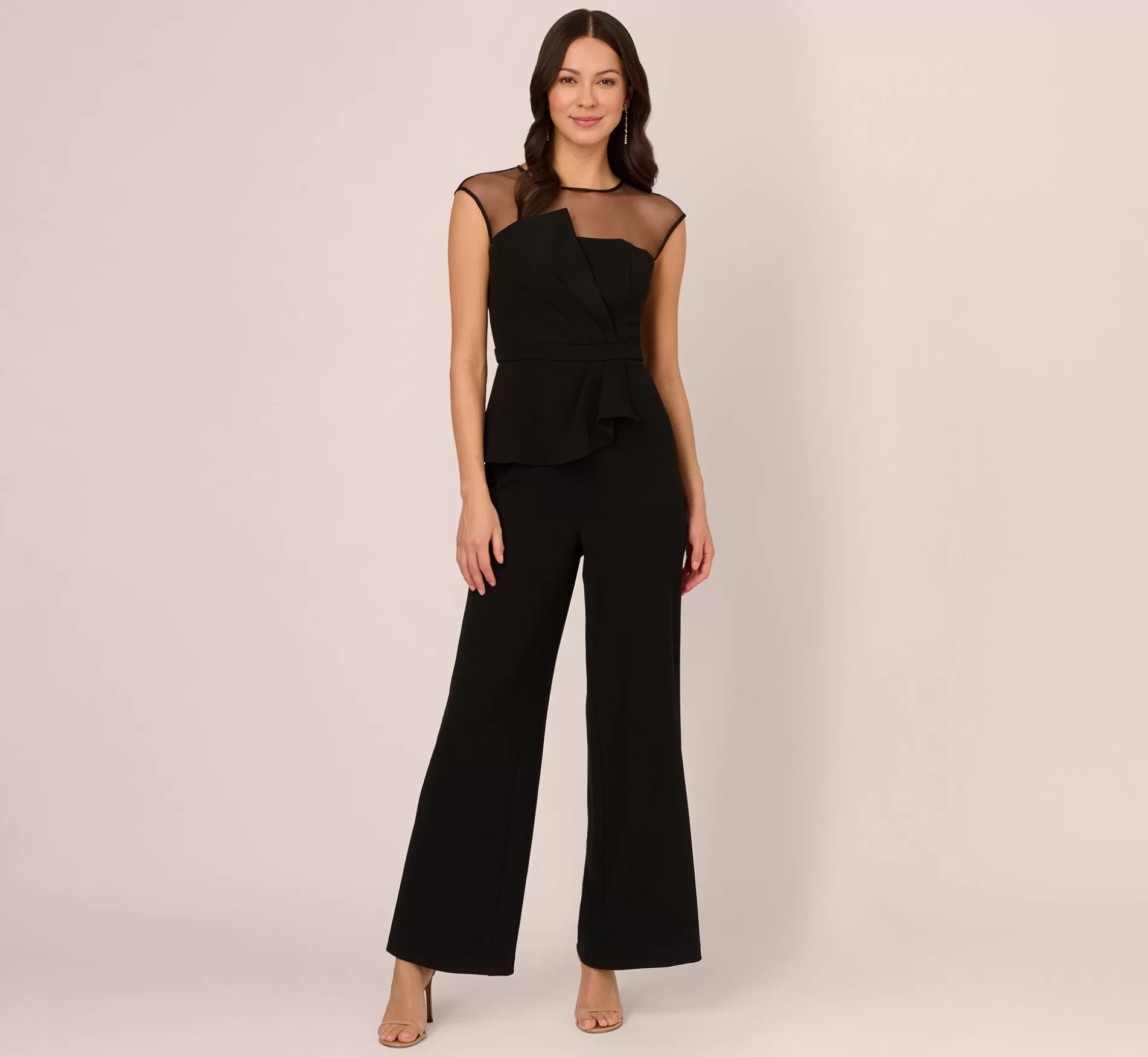 Cheap Wide Leg Jumpsuit With Illusion Neck And Cap Sleeves In Black Jumpsuits | Black Tie
