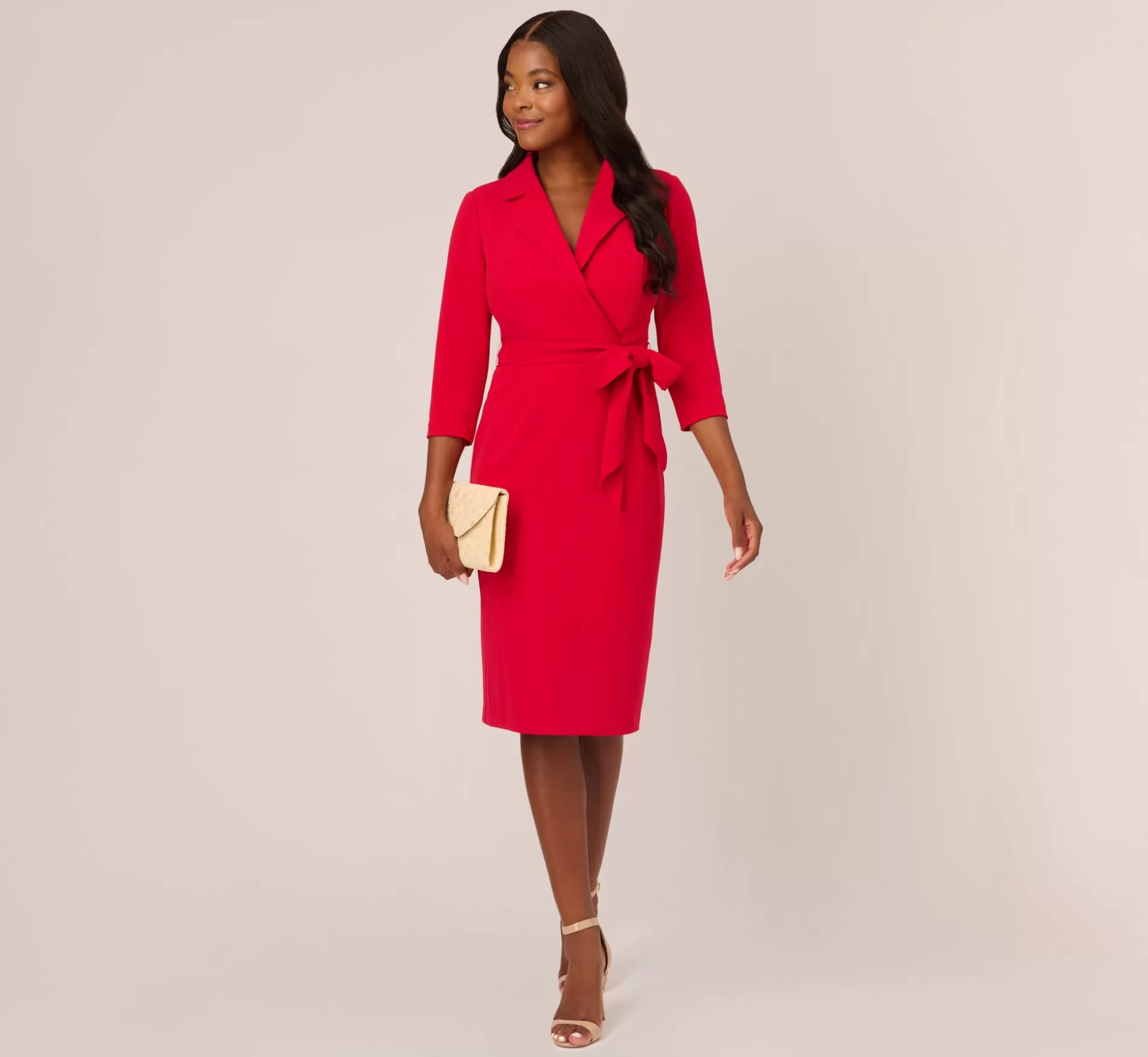 Online Wrap Front Dress With Three-Quarter Sleeves In Hot Ruby Day Dresses | Dresses with Sleeves